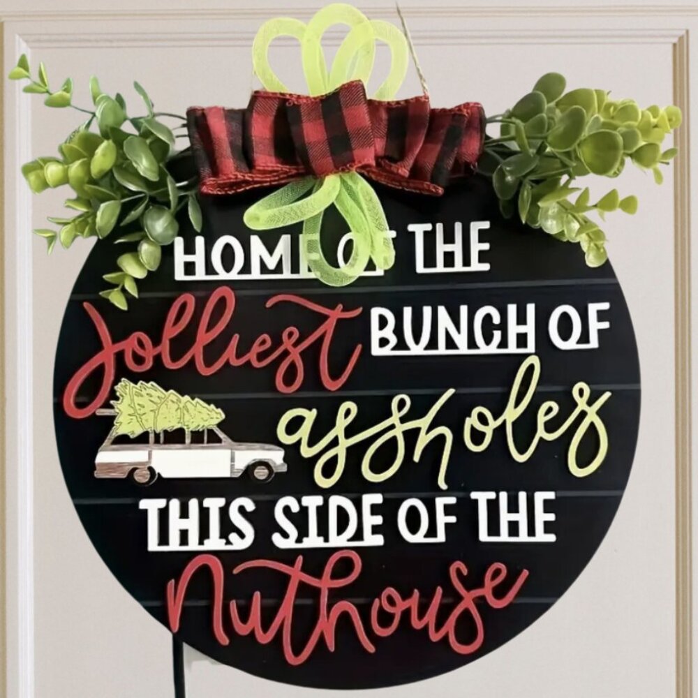 3D Crazy Christmas Holiday Funny Door Hanger Wreath - 11.8" Wooden Sign with Bow